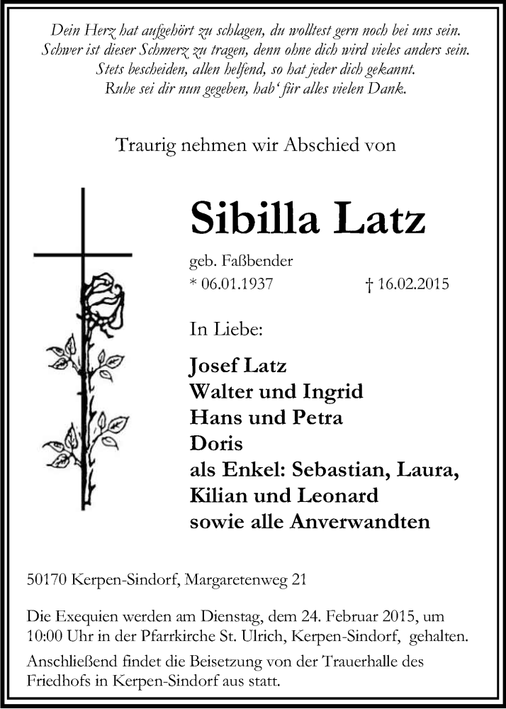  Traueranzeige für Sibilla Latz vom 21.02.2015 aus Kölner Stadt-Anzeiger / Kölnische Rundschau / Express