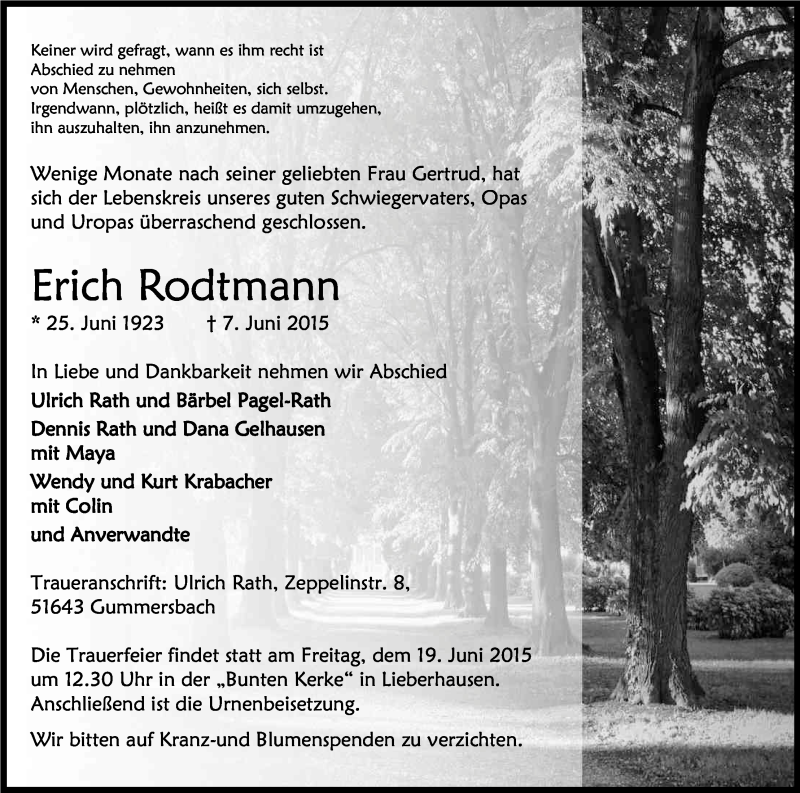  Traueranzeige für Erich Rodtmann vom 12.06.2015 aus Kölner Stadt-Anzeiger / Kölnische Rundschau / Express