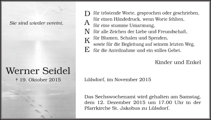  Traueranzeige für Werner Seidel vom 28.11.2015 aus  Rhein-Sieg-Wochenende 