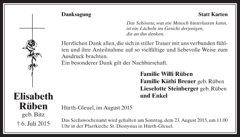  Traueranzeige für Elisabeth Rüben vom 19.08.2015 aus  Wochenende 