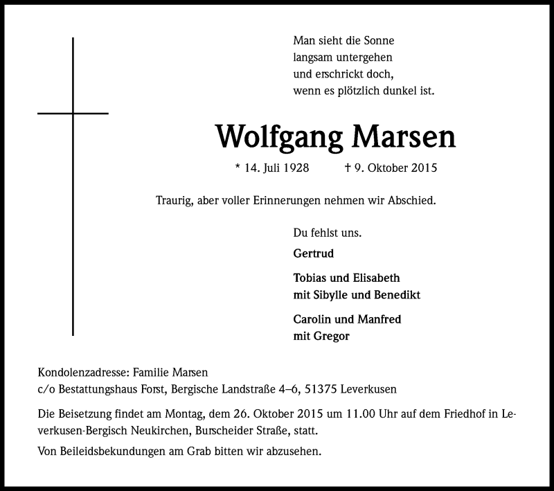  Traueranzeige für Wolfgang Marsen vom 21.10.2015 aus Kölner Stadt-Anzeiger / Kölnische Rundschau / Express