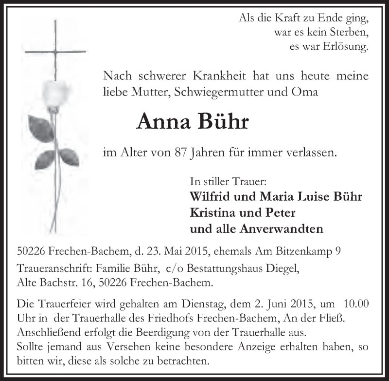  Traueranzeige für Anna Bühr vom 30.05.2015 aus  Sonntags-Post 