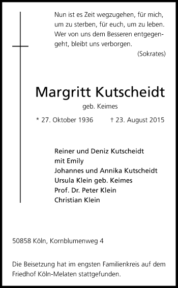Anzeige von Margritt Kutscheidt von Kölner Stadt-Anzeiger / Kölnische Rundschau / Express
