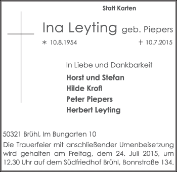 Anzeige von Ina Leyting von  Schlossbote/Werbekurier 