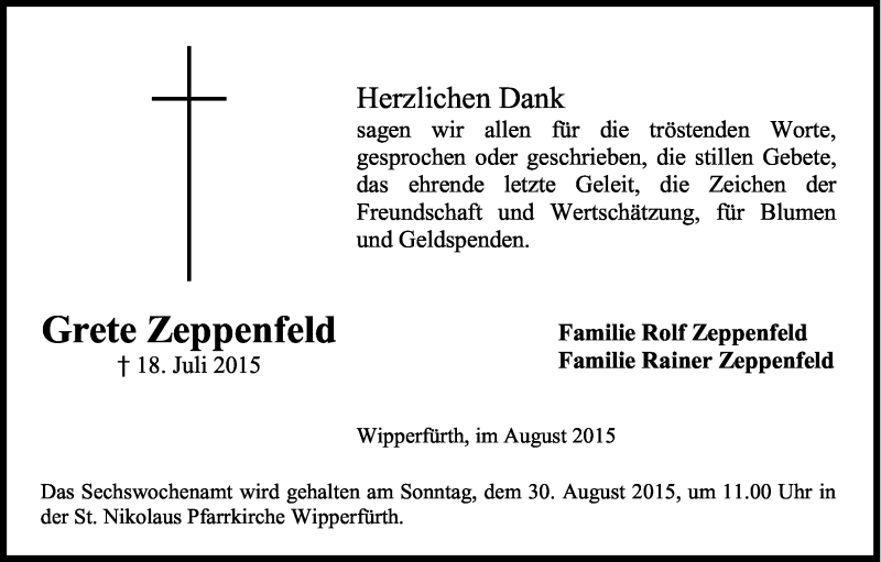  Traueranzeige für Grete Zeppenfeld vom 25.08.2015 aus Kölner Stadt-Anzeiger / Kölnische Rundschau / Express