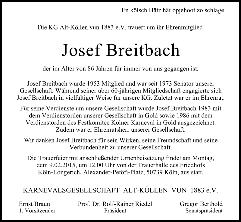  Traueranzeige für Josef Breitbach vom 04.02.2015 aus Kölner Stadt-Anzeiger / Kölnische Rundschau / Express