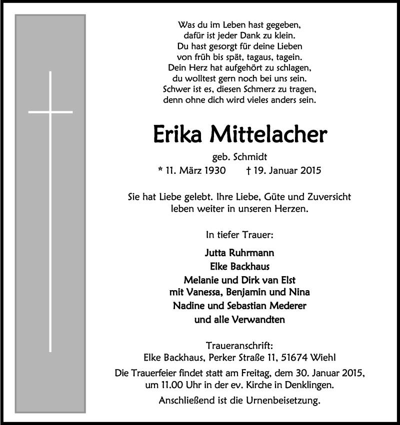  Traueranzeige für Erika Mittelacher vom 24.01.2015 aus Kölner Stadt-Anzeiger / Kölnische Rundschau / Express