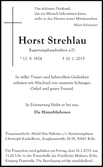 Anzeige von Horst Strehlau von Kölner Stadt-Anzeiger / Kölnische Rundschau / Express