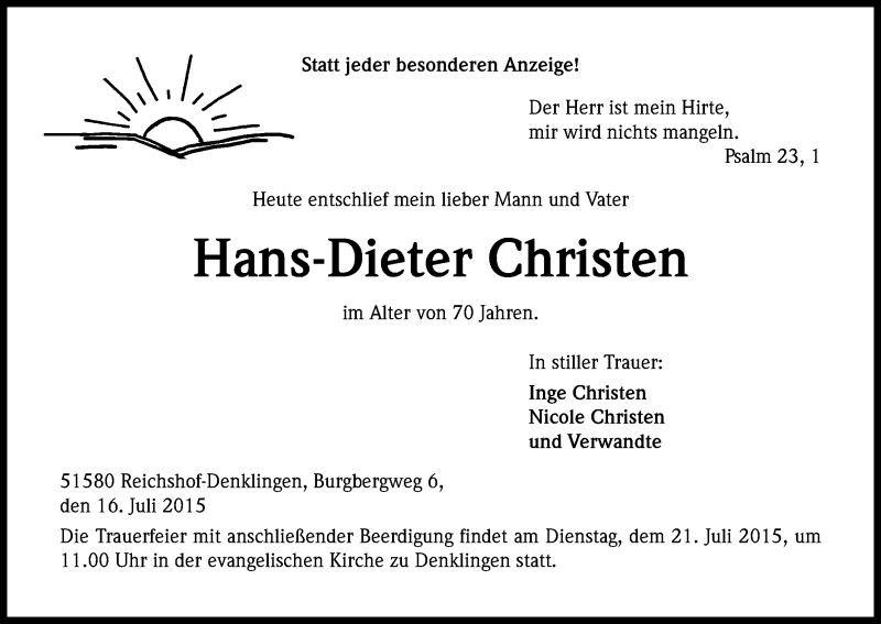  Traueranzeige für Hans-Dieter Christen vom 18.07.2015 aus Kölner Stadt-Anzeiger / Kölnische Rundschau / Express