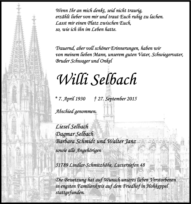  Traueranzeige für Willi Selbach vom 10.10.2015 aus Kölner Stadt-Anzeiger / Kölnische Rundschau / Express