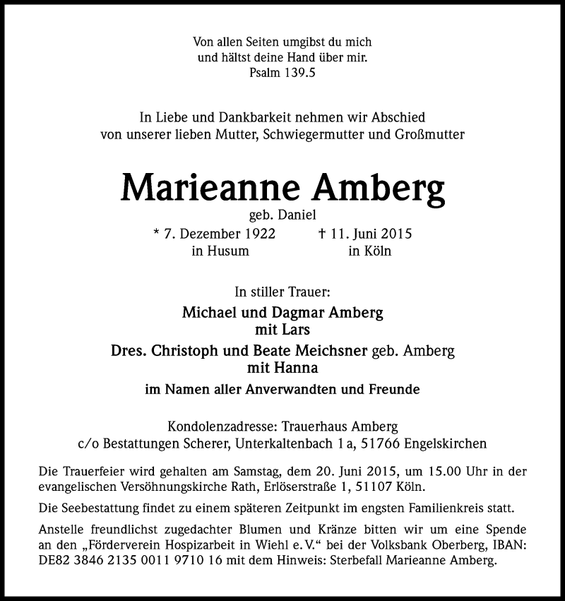  Traueranzeige für Marieanne Amberg vom 13.06.2015 aus Kölner Stadt-Anzeiger / Kölnische Rundschau / Express