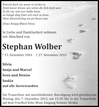 Anzeige von Stephan Wolber von Kölner Stadt-Anzeiger / Kölnische Rundschau / Express