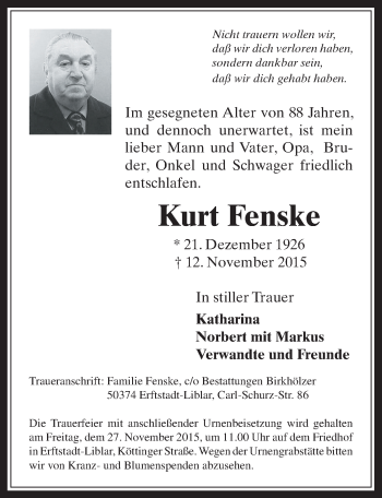 Anzeige von Kurt Fenske von  Werbepost 
