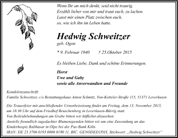 Anzeige von Hedwig Schweitzer von Kölner Stadt-Anzeiger / Kölnische Rundschau / Express