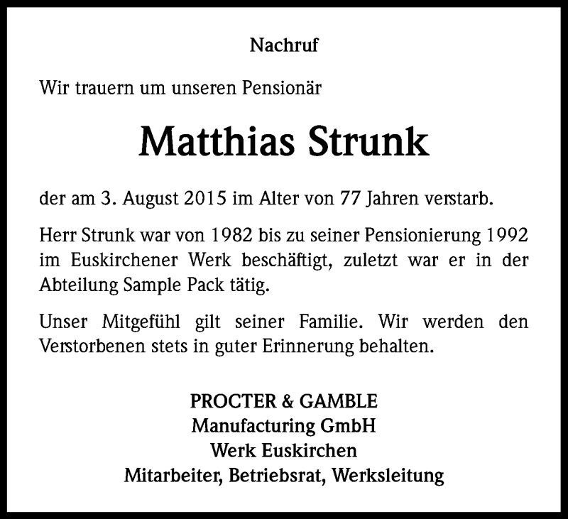  Traueranzeige für Matthias  Strunk vom 11.08.2015 aus Kölner Stadt-Anzeiger / Kölnische Rundschau / Express
