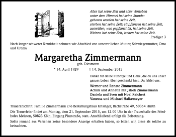 Anzeige von Margaretha Zimmermann von Kölner Stadt-Anzeiger / Kölnische Rundschau / Express