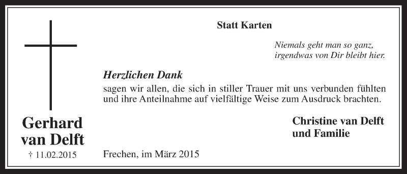 Traueranzeige für Gerhard van Delft vom 04.03.2015 aus  Wochenende 