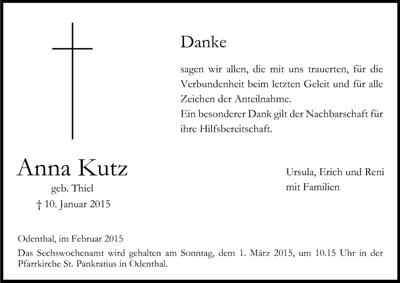  Traueranzeige für Anna Kutz vom 21.02.2015 aus Kölner Stadt-Anzeiger / Kölnische Rundschau / Express