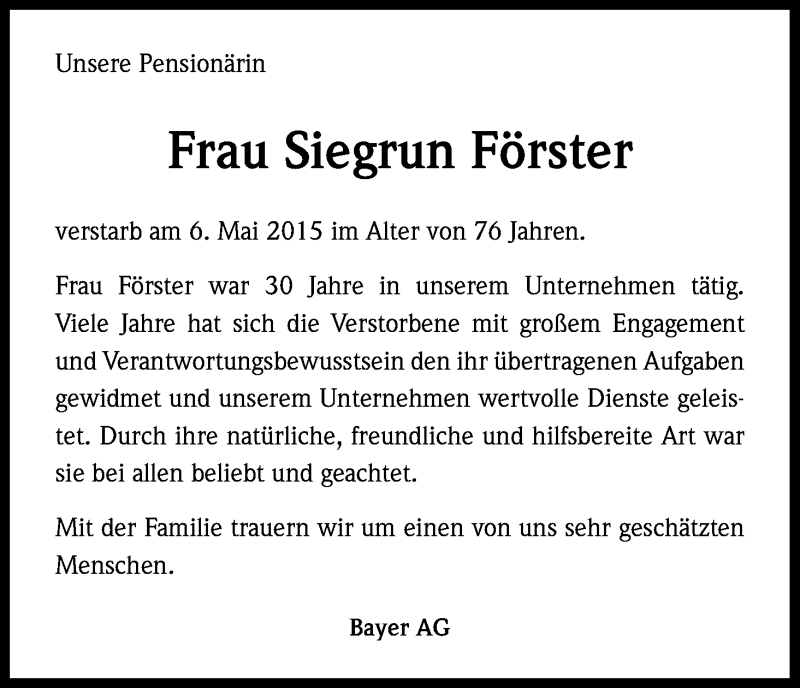  Traueranzeige für Sigrun Förster vom 18.05.2015 aus Kölner Stadt-Anzeiger / Kölnische Rundschau / Express
