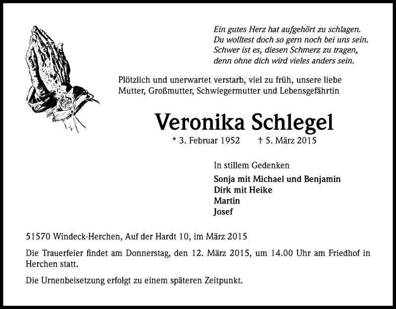  Traueranzeige für Veronika Schlegel vom 07.03.2015 aus Kölner Stadt-Anzeiger / Kölnische Rundschau / Express