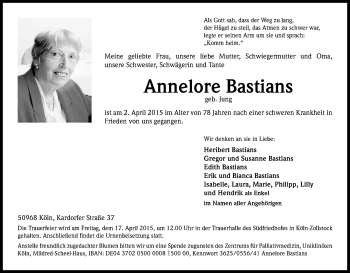 Anzeige von Annelore Bastians von Kölner Stadt-Anzeiger / Kölnische Rundschau / Express