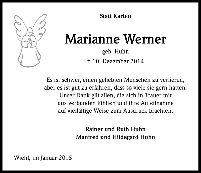  Traueranzeige für Marianne Werner vom 24.01.2015 aus Kölner Stadt-Anzeiger / Kölnische Rundschau / Express