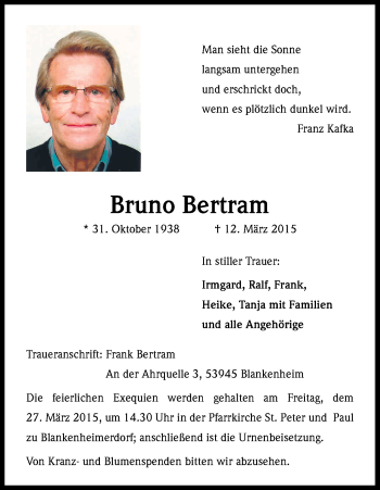 Anzeige von Bruno Bertram von Kölner Stadt-Anzeiger / Kölnische Rundschau / Express