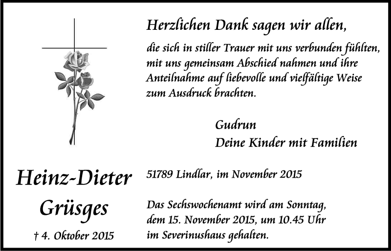  Traueranzeige für Heinz-Dieter Grüsges vom 07.11.2015 aus Kölner Stadt-Anzeiger / Kölnische Rundschau / Express