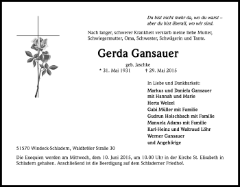 Anzeige von Gerda Gansauer von Kölner Stadt-Anzeiger / Kölnische Rundschau / Express