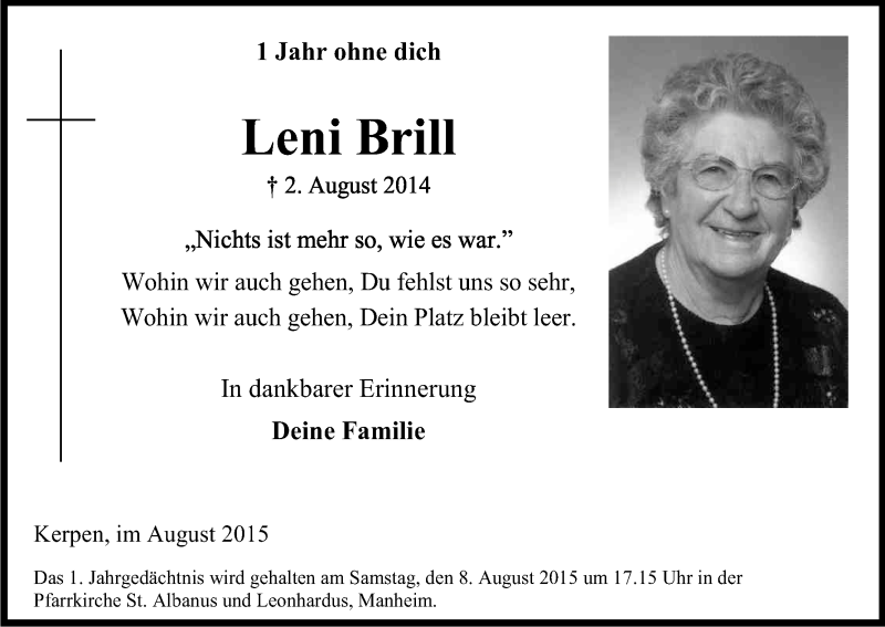  Traueranzeige für Leni Brill vom 01.08.2015 aus Kölner Stadt-Anzeiger / Kölnische Rundschau / Express