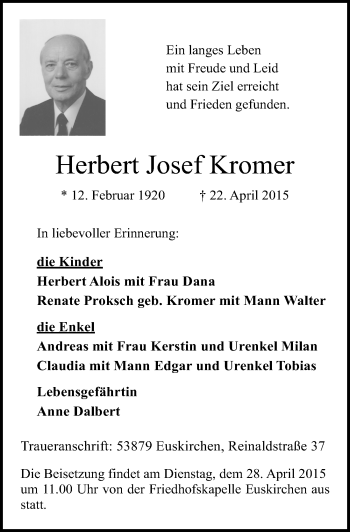 Anzeige von Herbert Josef Kromer von  Blickpunkt Euskirchen 