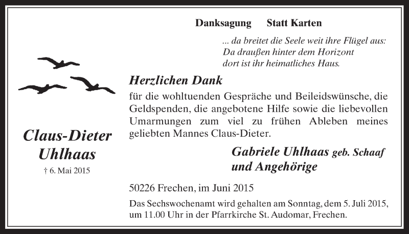  Traueranzeige für Claus-Dieter Uhlhaas vom 24.06.2015 aus  Wochenende 
