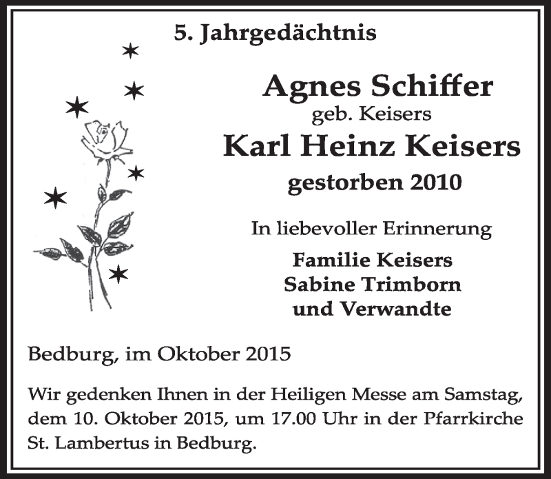  Traueranzeige für Karl Heinz und Agnes Keisers vom 10.10.2015 aus  Sonntags-Post 