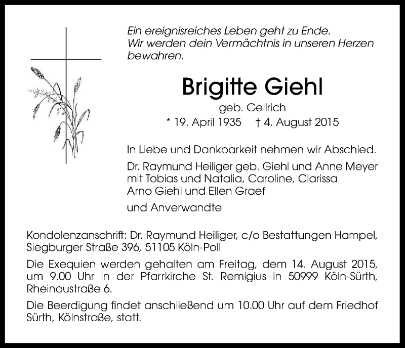  Traueranzeige für Brigitte Giehl vom 08.08.2015 aus Kölner Stadt-Anzeiger / Kölnische Rundschau / Express