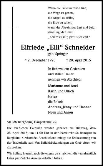 Anzeige von Elfriede Schneider von Kölner Stadt-Anzeiger / Kölnische Rundschau / Express