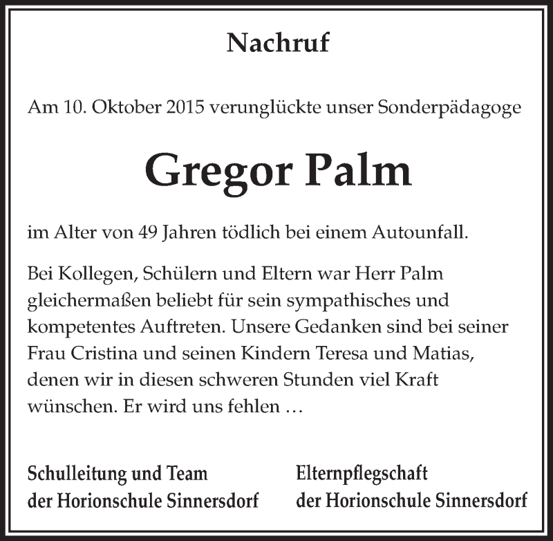  Traueranzeige für Gregor Palm vom 28.10.2015 aus  Wochenende 