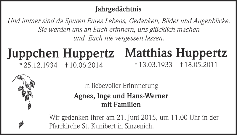  Traueranzeige für Juppchen und Matthias Huppertz vom 14.06.2015 aus  Blickpunkt Euskirchen 