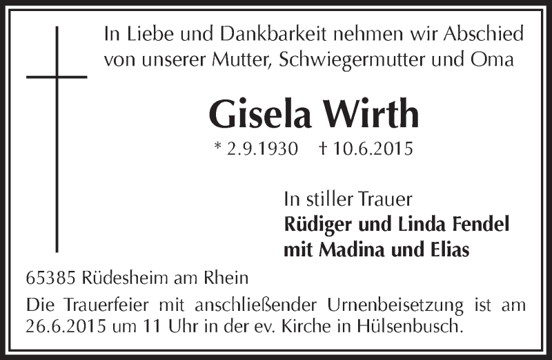  Traueranzeige für Gisela Wirth vom 24.06.2015 aus  Anzeigen Echo 