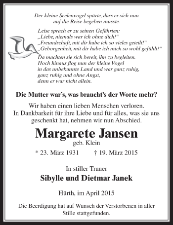 Anzeige von Margarete Jansen von  Wochenende 