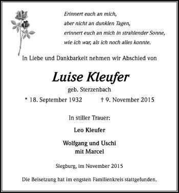 Anzeige von Luise Kleufer von Kölner Stadt-Anzeiger / Kölnische Rundschau / Express