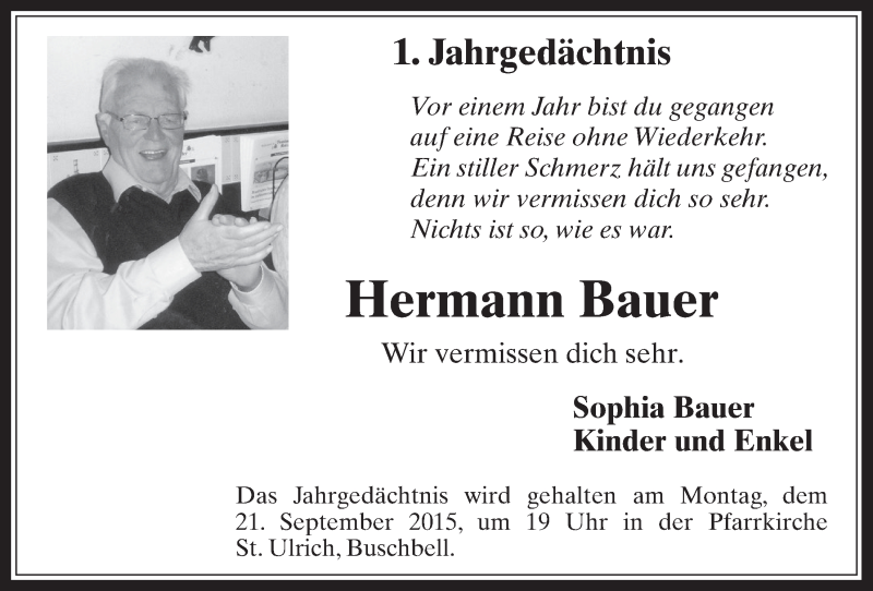  Traueranzeige für Hermann Bauer vom 16.09.2015 aus  Wochenende 