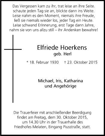 Anzeige von Elfriede Hoerkens von Kölner Stadt-Anzeiger / Kölnische Rundschau / Express