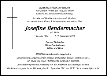Anzeige von Josefine Bendermacher von Kölner Stadt-Anzeiger / Kölnische Rundschau / Express