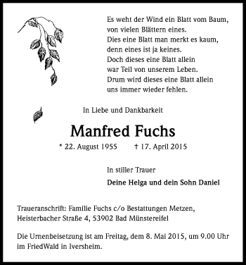 Anzeige von Manfred Fuchs von Kölner Stadt-Anzeiger / Kölnische Rundschau / Express