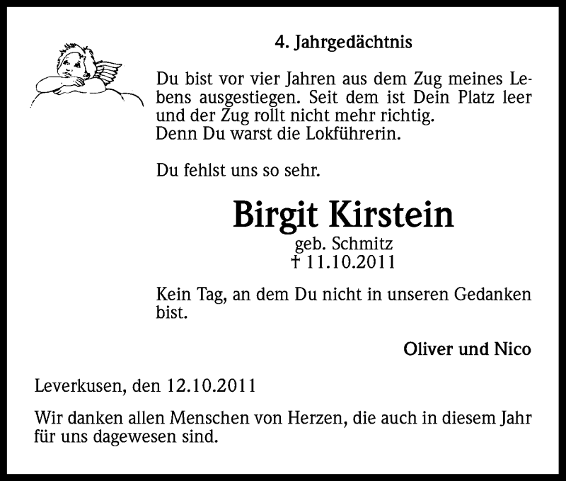  Traueranzeige für Birgit Kirstein vom 12.10.2015 aus Kölner Stadt-Anzeiger / Kölnische Rundschau / Express