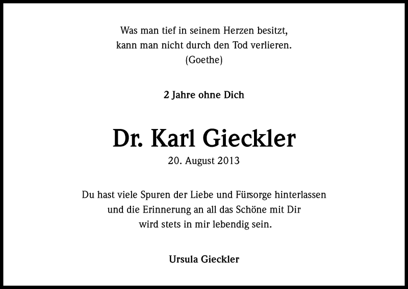  Traueranzeige für Karl Gickler vom 20.08.2015 aus Kölner Stadt-Anzeiger / Kölnische Rundschau / Express
