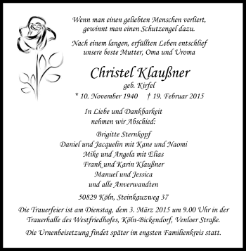 Anzeige von Christel Klaußner von Kölner Stadt-Anzeiger / Kölnische Rundschau / Express