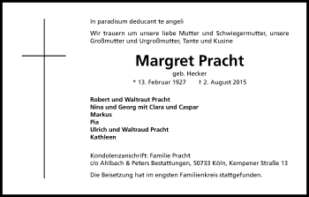 Anzeige von Margret Pracht von Kölner Stadt-Anzeiger / Kölnische Rundschau / Express
