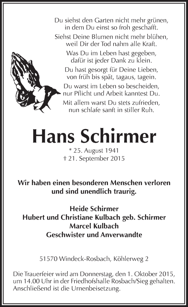  Traueranzeige für Hans Schirmer vom 30.09.2015 aus  Lokalanzeiger 