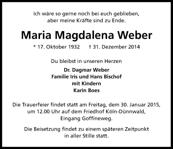 Anzeige von Maria Magdalena Weber von Kölner Stadt-Anzeiger / Kölnische Rundschau / Express
